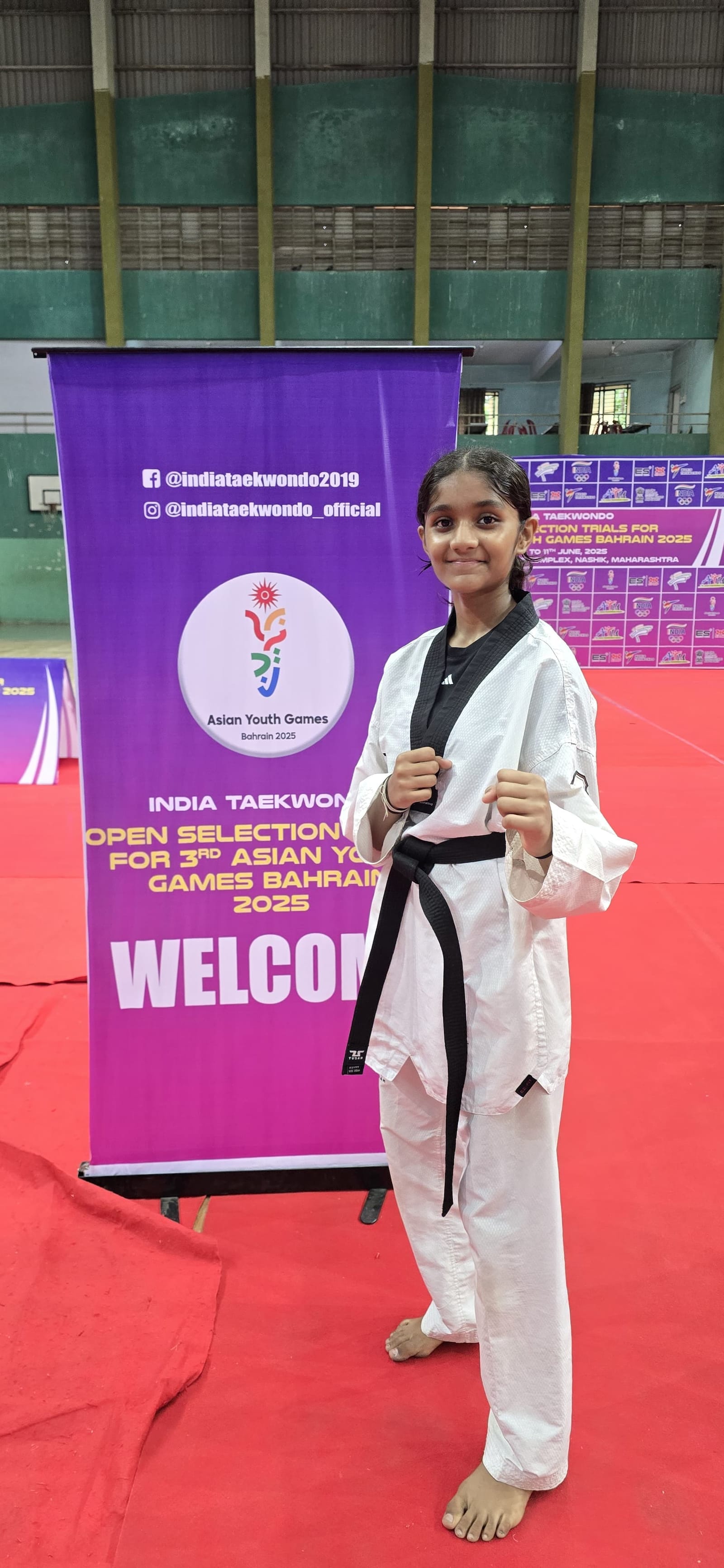Ankitha Navyakanth, Kwans Taekwondo Academy athlete, in taekwondo uniform at the Asian Youth Games 2025 selection trials in Nashik