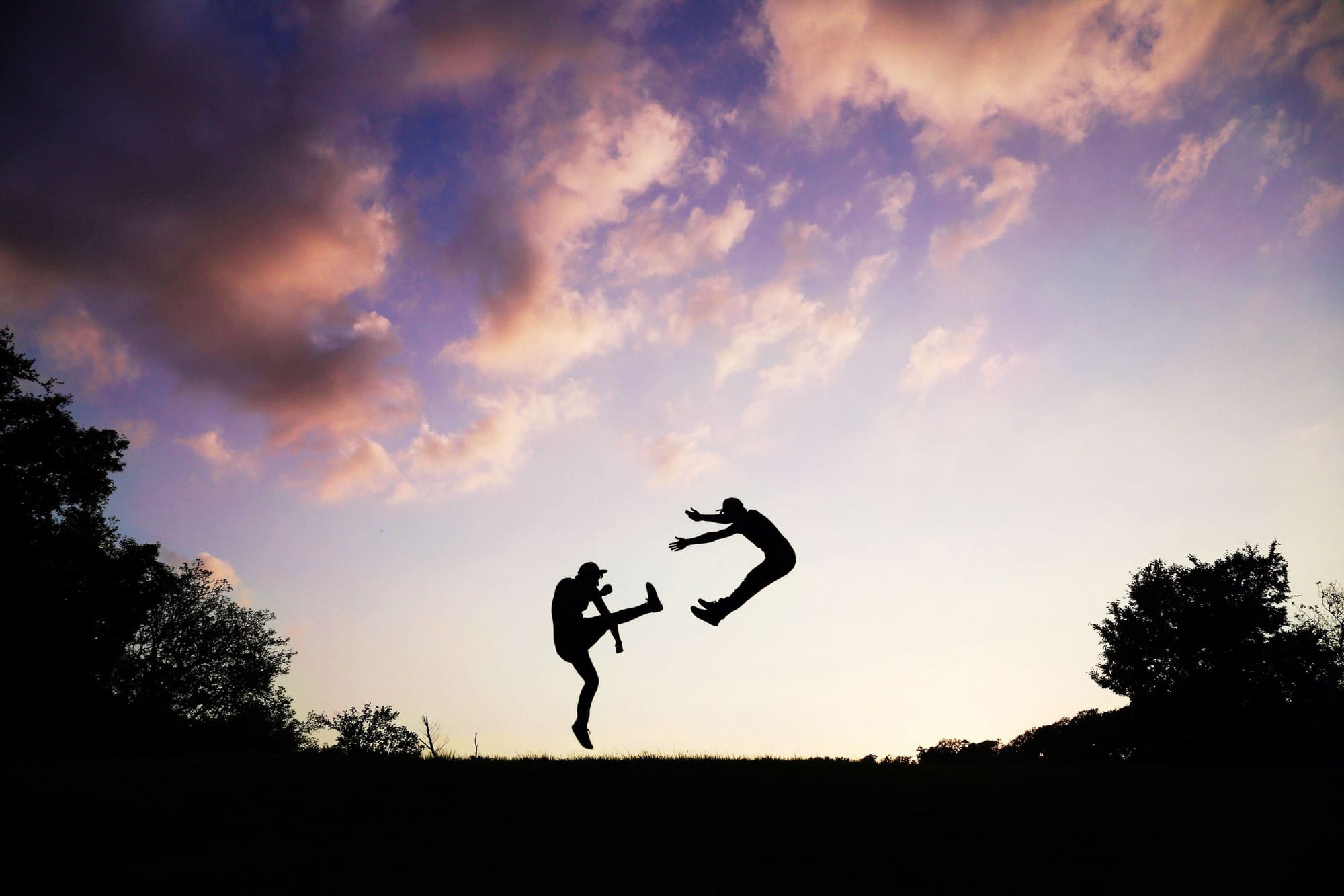 Silhouettes of martial artists captured mid-jump against a twilight sky