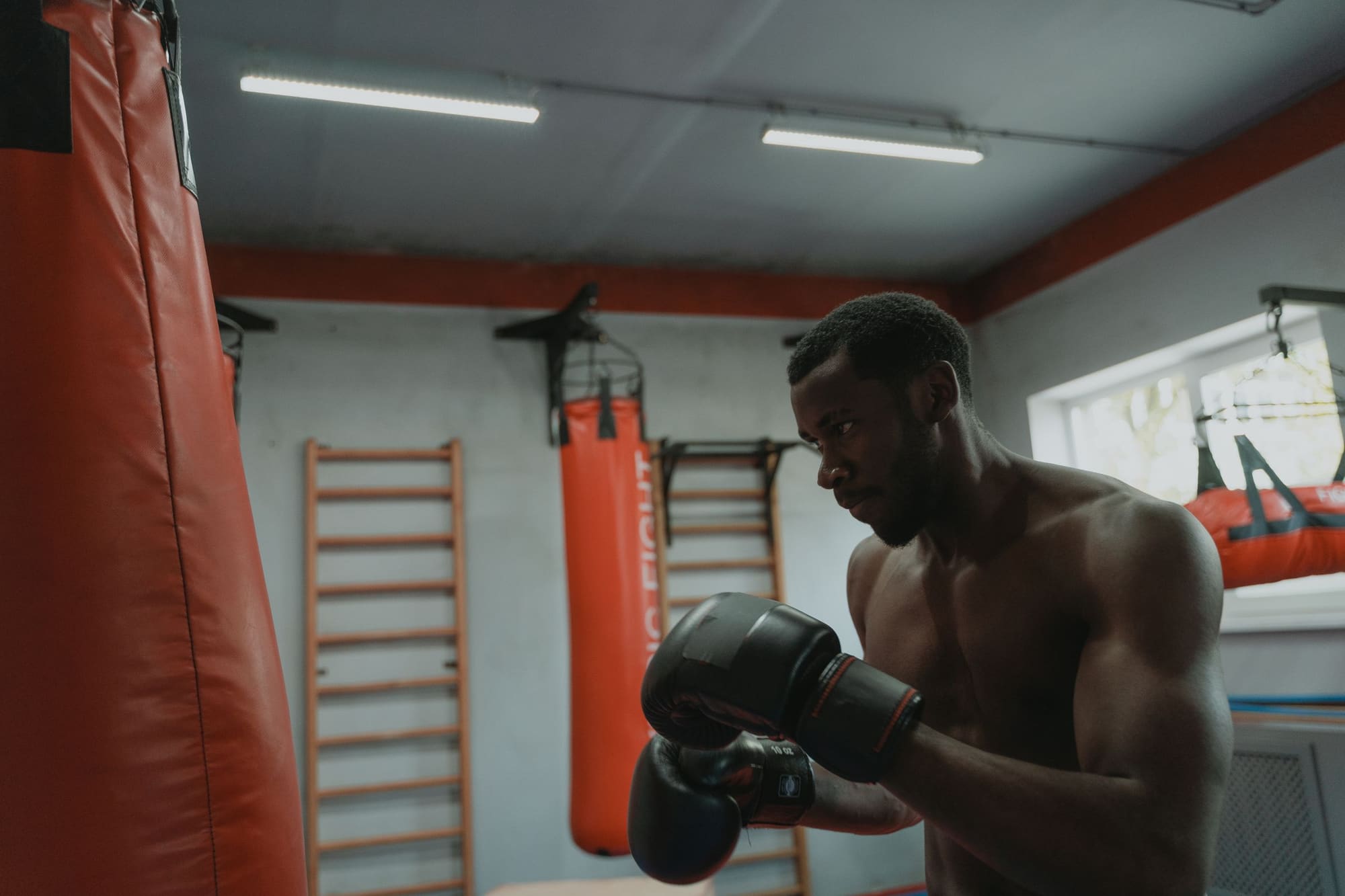 Athlete in boxing gloves striking a training bag